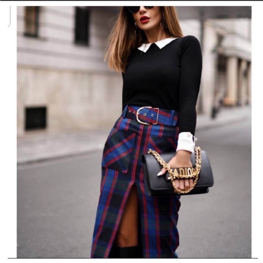 Zara Blue and Red Plaid Midi Skirt